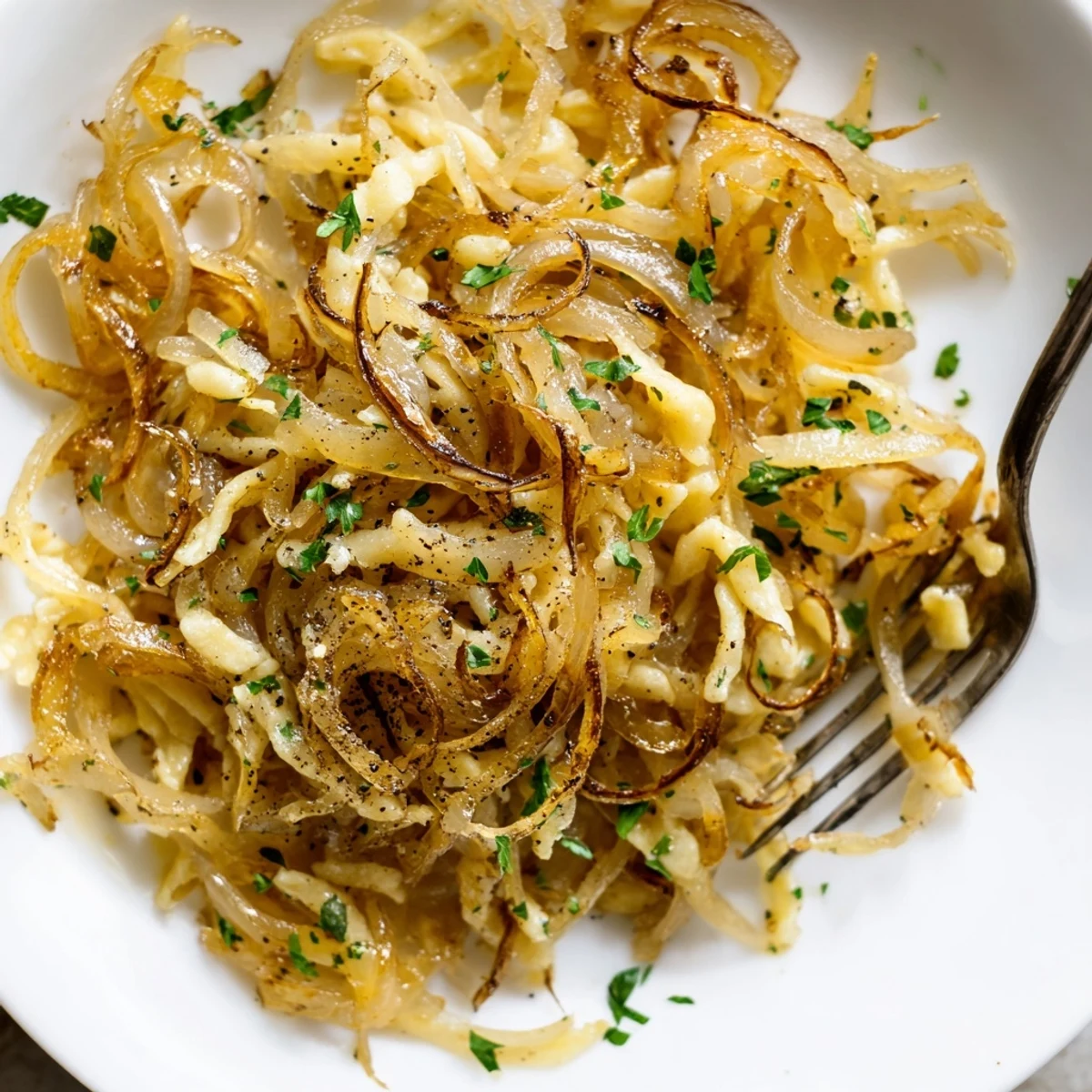 Zartes Spaetzle-Rezept mit karamellisierten Zwiebeln und einem Hauch Butter.