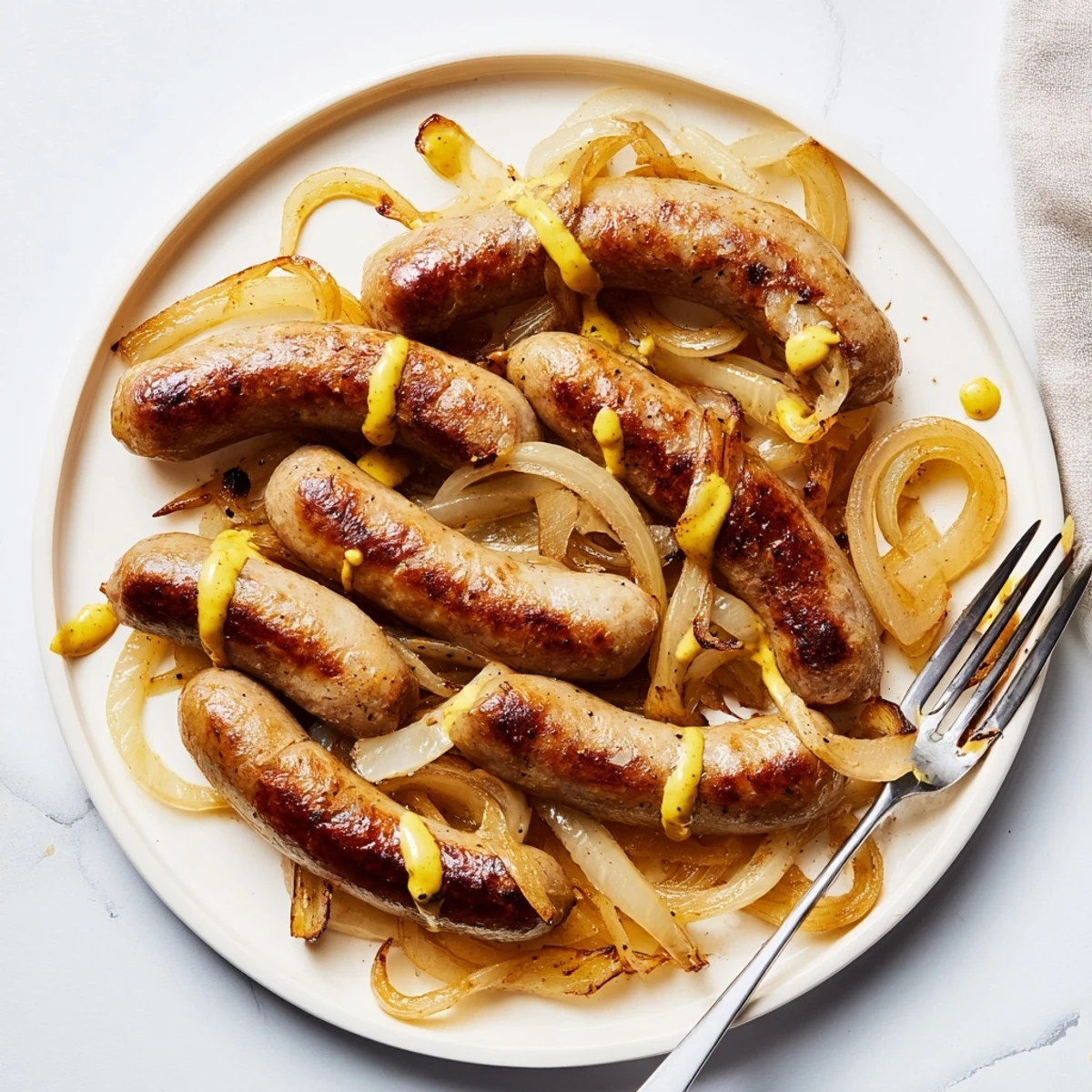 Köstliche Bratwurst-Pfanne, begleitet von karamellisierten Zwiebeln und Senf.