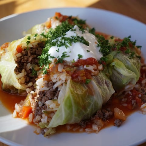 Ungefüllte Kohlwickel in einer herzhaften Tomatensauce, serviert mit frischer Petersilie.  